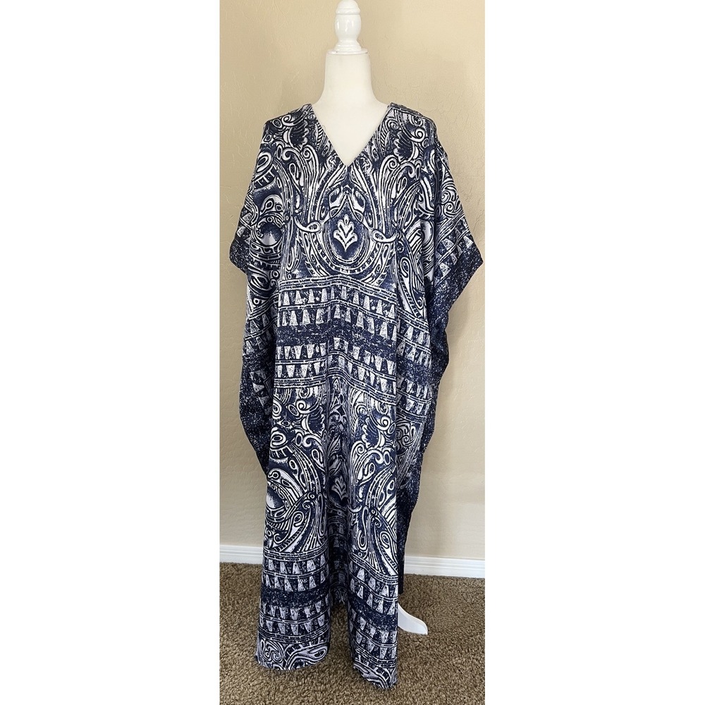 Vintage Winlar Kaftan Muumuu Cover-up Lounger Maxi Dress One Size Navy Silver